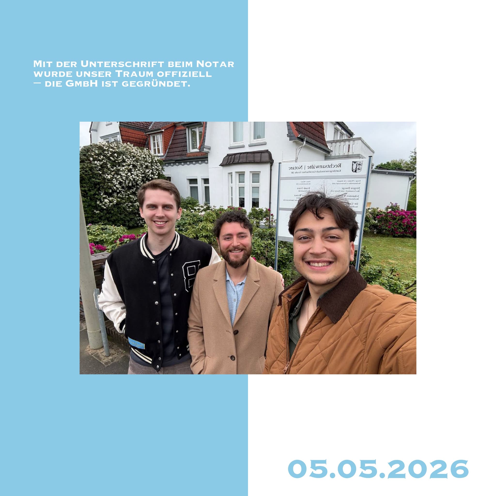 Die drei Gründer von Padel Atelier vor der Notarkanzlei am Tag der GmbH-Gründung, 05.05.2026.