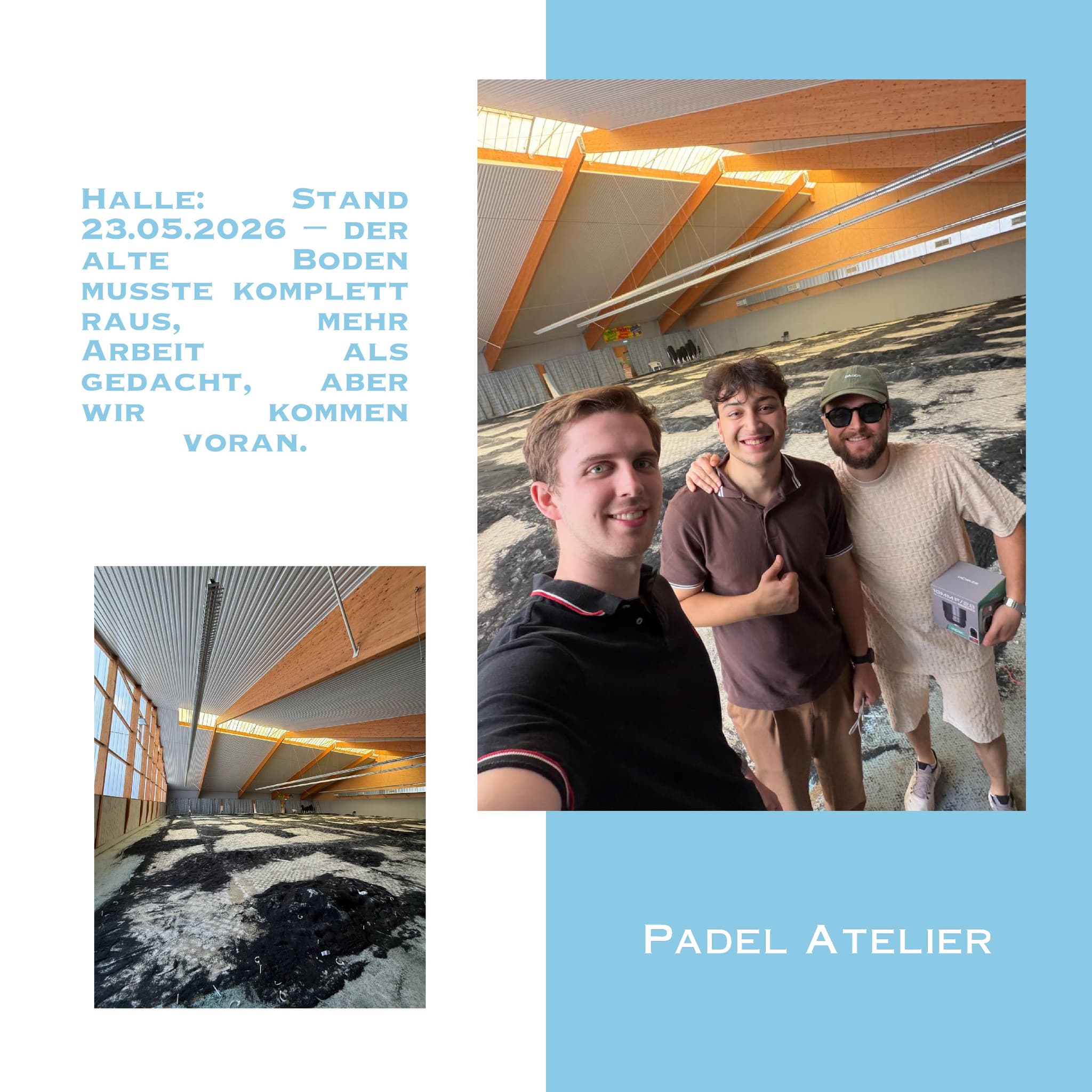 Blick in die leere Halle in Lauenburg mit offener Holzbinder-Dachkonstruktion, während der alte Hallenboden herausgerissen wird, 23.05.2026.