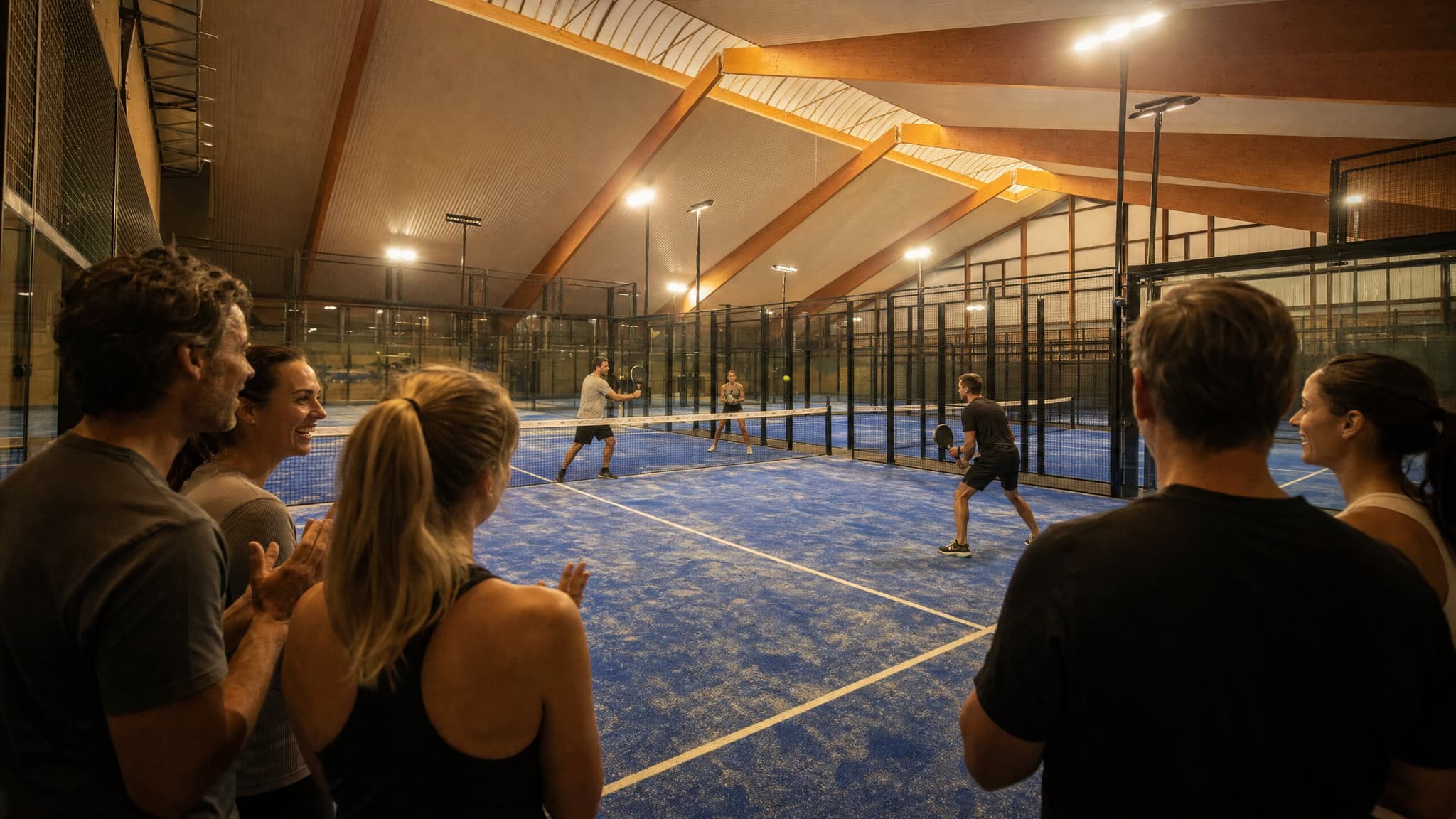 Eine Gruppe steht am Rand eines blauen Indoor-Padel-Courts und applaudiert, während dahinter ein Doppel gespielt wird; darüber das Holzdach der Halle.