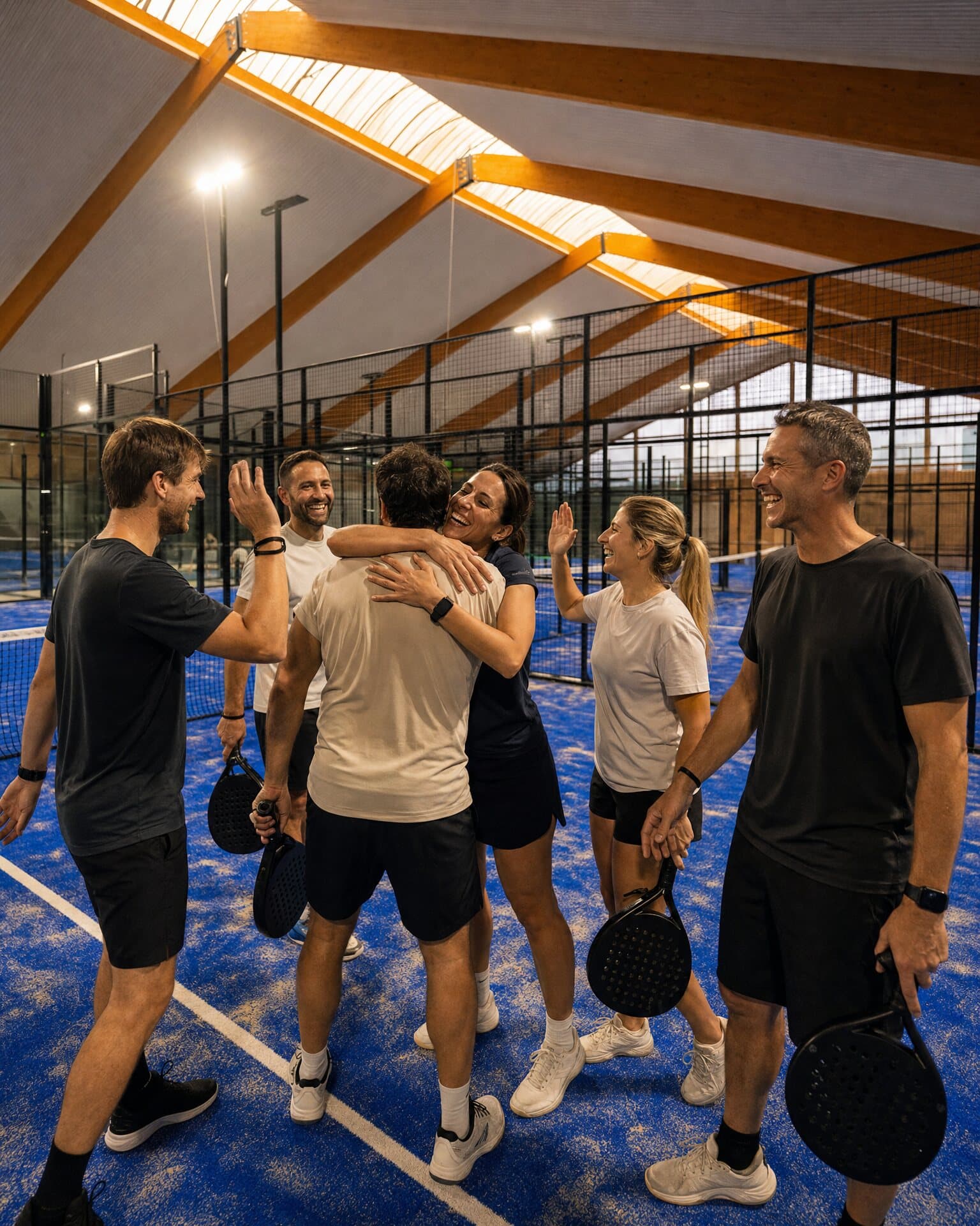 Freunde feiern nach einem Padel-Match auf dem Court mit Umarmungen und High Fives, die Padelschläger noch in der Hand.