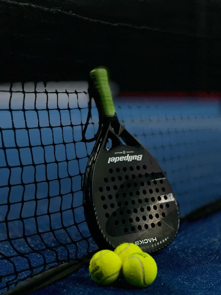 Padelschläger lehnt am Netz eines Indoor-Courts, daneben liegen drei Bälle